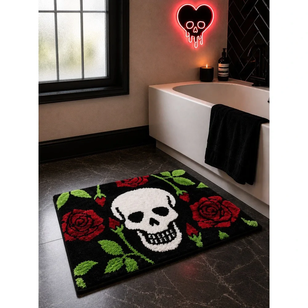 Betsey Johnson Skull Rose Plush Bath Rug Gothic Black Red 20x32 Bathroom Mat NWT